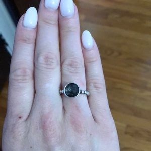 Pandora black stone ring with beaded band, sterling silver size 5.5